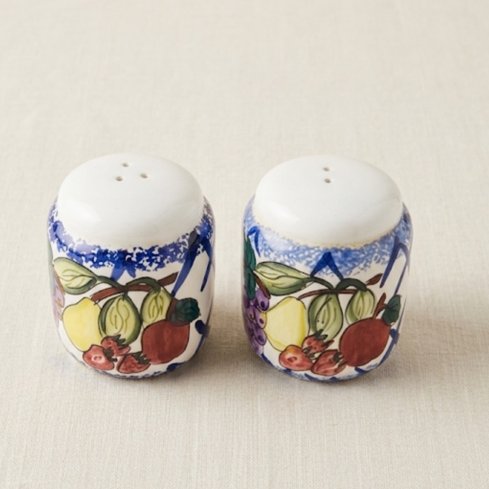 Ceramic Fruit Motif Salt & Pepper Shaker Set – Hand-Painted Farmhouse Decor